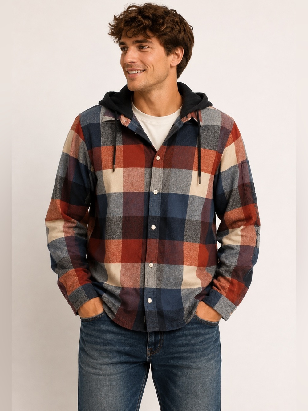 Hollister Shacket men's hooded flannel shirt jacket w/colorful plaid